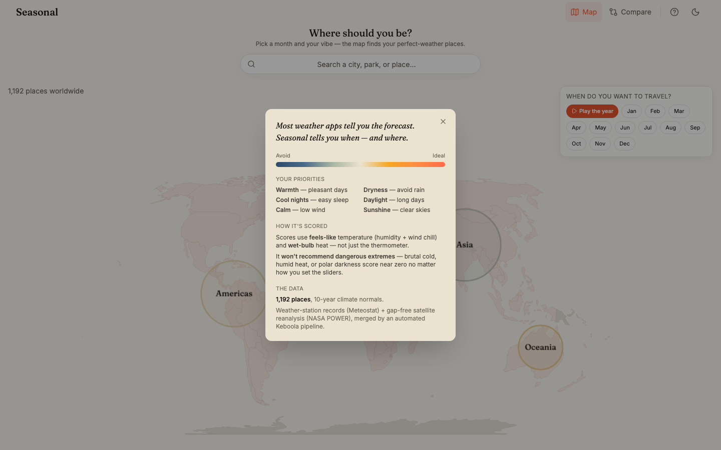 Seasonal — a world map that finds your perfect-weather destinations by month